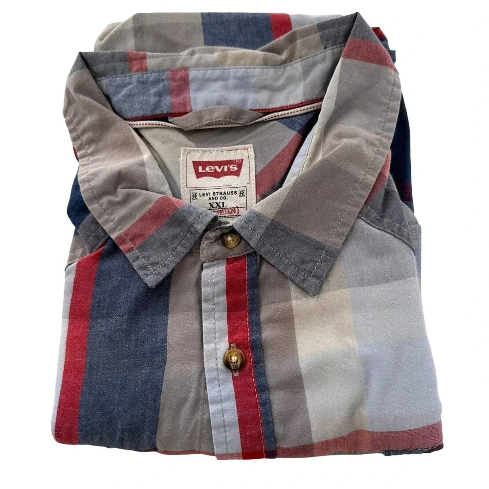 Levis Mens‎ XXL Plaid Button-Up Shirt In Red/Blue/Beige Western Preppy Cowboy